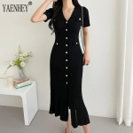 Kootud must Bodycon Korea stiilis volangidega naiste l&uuml;hikeste varrukatega Midi kleidid Elegantne vabaaja V-kaelusega merineitsi kleit naistele 2024. aasta suvi One Size must