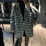 Naiste villane mantel lahtine Houndstooth keskmise pikkusega mantel S