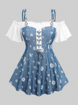 Rosegal Plus Size Daisy Flower Print Ruffles Grommet Lace Up Cold Shoulder T-s&auml;rk XL sinine
