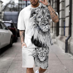 Suures suuruses 3D Lion Print meeste lahedate T-s&auml;rkide l&uuml;hikeste p&uuml;kste komplekt Sportimiseks, fitnessiks Summer Street Style Oversized Graphic 2 tk Meeste riided S