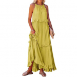 Naiste Suvine Kleit Kaelaauk Varrukateta Plisseeritud Avatud L&otilde;ikega Lahtine &Uuml;hev&auml;rviline Volangidega P&auml;itsed &Otilde;lapaeltel Patchwork Puhkus Ranna Maksi M roheline