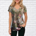 Naiste V-kaelusega l&uuml;hikeste varrukatega p&auml;evalill, roosiga tr&uuml;kitud topid vaba T-s&auml;rk vabaaja pluus XS hall