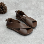 Peep Toe Flat Sandaalid Retro k&auml;sitsi valmistatud ehtsast nahast pehme tallaga mugavad hingavad naiste kingad 35 kohv