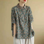 Pitsist lapitehnikas kaelusega l&uuml;hikeste varrukatega pluus suvine s&uuml;gisene kunstip&auml;rane puuvillane linane pluus vintage lilleprindiga pluus naistele vabaaja s&auml;rk-pluus M