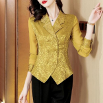 Siidist s&auml;rk naistele Pikkade varrukatega Kevad ja s&uuml;gis Uue stiili s&auml;rk Unikaalne slim fit v&auml;ike s&auml;rk Prantsuse satiinist stiilis topp M kollane