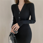 S&uuml;gistalvine naiste kleit n&ouml;&ouml;p V-kaelusega kootud pidulik pikkade varrukatega valge pikk kleit Bodycon vabaaja elegantsed naiste kleidid Harajuku L must