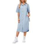 Denimkleit naistele L&uuml;hikeste varrukatega teksakleit N&ouml;&ouml;bitav rev&auml;&auml;rkraega s&auml;rk-kleit Suvine midi-pikkusega A-l&otilde;ikeline kleit taskutega XL helesinine v&auml;rv