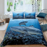 P&auml;evituse katte komplekt Haiskala Ookeani akvarell Kalad Tekikate Mereloomad Marinelandi teema Kaunistus Voodipesu Lastele Poistele T&uuml;drukutele Kingitused EU Single(135*200cm)3pcs blue