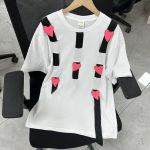 Valged L&uuml;hikeste Varrukatega Suured T-s&auml;rgid Naiste Suvine Puuvillane V&auml;rvus Kontrastne Lapikujuline Armastus Disain Tundlikud T-s&auml;rgid Naiste kaelusega topid Uus M valge