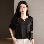 Prantsuse stiilis siidist satiinist pluus, suvine puhvis varrukas &uuml;hev&auml;rviline must s&auml;rk Elegantne kontori naiste topid vabaaja lahtised riided 27008 S must