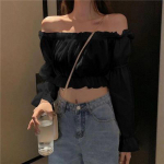 Naiste &uuml;laosa Seksikas pluus &otilde;lgadeta &uuml;laosaga pikkade varrukatega &uuml;hev&auml;rviline valge s&auml;rk puhvis varrukatega volangiga tuunika Crop top suvine toru topp S must