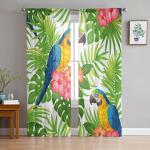 Papagoi lilled, rohelised troopilised taimed, lehed t&uuml;llist l&auml;bipaistvad aknakardinad elutuppa, Voile organza kardinad kardinad W135 x H115cm x1