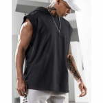 Suvine meeste fitness-pullover Sport vabaaja varrukateta kapuutsiga vest lahtine &uuml;hev&auml;rviline vest 2XL must
