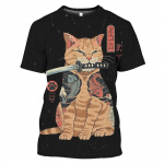 Jaapani Samurai Cat Graphic T-s&auml;rgid Lahedad klassikalises kunstistiilis meeste ja naiste tr&uuml;kised T-s&auml;rgid Moodsad O-kaelusega l&uuml;hikeste varrukatega vabad topid 6XL