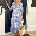 Seksikad kleidid naistele Boheemlaste lilleprinteritega Seksikas V kaelusega l&uuml;hikeste varrukatega Beach Flowy Party Maxi L sinine