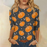 Naiste mood vabaaja &uuml;mmargune kaelus, 3/4 varrukatega, avara Halloweeni tr&uuml;kiga T-s&auml;rk naiste topp XXXL ingver