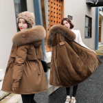 Naiste Parka Fashion pikk mantel Villane vooder kapuutsiga Parkas talvejope &otilde;huke karvakraega, soe lumi, polsterdatud riided L kohv