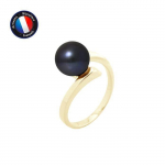 PERLINEA - Bague V&eacute;ritable Perle de Culture d'Eau Douce Ronde 8-9 mm - Colori Black Tahiti - Or Jaune - Bijou Femme