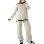 Naiste triibuline kootud kampsun laia s&auml;&auml;rega p&uuml;kste komplekt Poolitatud pulloveriga topsid elastsed k&otilde;rge v&ouml;&ouml;kohaga sirged p&uuml;ksid kaheosaline komplekt Lounge Wear spordidressid S beež