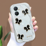 Armas koomiksimustriga kreemjas tekstuuriga korpus, lainelise servaga pehme silikoonkaanega telefoni&uuml;mbris Vivo jaoks Vivo Y19S must