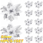 100pcs Glitter Artifical Christmas Flowers Mreey Christmas Tree Decoration Happy New Year Ornaments Xmas Fake Flowers natal 10PCS-1SET