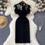 Lace Splice must kontorikleit Prantsuse stiilis suvine naiste t&otilde;mblukk O kael Elegantne l&otilde;hestatud naiste &otilde;huke kehakleit L must