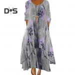 Kevad-s&uuml;giskleit taskutega, vintage lilleprindiga, V-kaelusega, ebakorrap&auml;rase kihilise &auml;&auml;rega, lahtise A-l&otilde;ikelise maksikleit igap&auml;evaseks t&ouml;&ouml;peoks S mitmev&auml;rviline