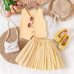 Laste moe&uuml;likond 2025. aasta suvet&uuml;drukute V-kaelusega varrukateta mantel, vest, plisseeritud seelik, kaheosaline &uuml;likond 2-3Y kollane