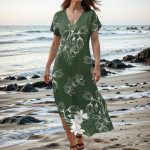 Naiste Suvine Lilleline Kleit L&uuml;hikeste Varrukatega Rannakleit Taskutega Vabaaja V-kaelusega L&otilde;ikega Pikk T-s&auml;rkkleit Reisipuhkus L armee roheline v&auml;rv