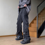 Meeste Ameerika Retro Cargo teksap&uuml;ksid Y2K High Street Denim P&uuml;ksid Lahtised Vabaaja Sirged Streetwear Hip-hop Laia s&auml;&auml;rega teksap&uuml;ksid S must