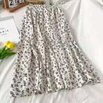 Naiste kevad/suvine k&otilde;rge v&ouml;&ouml;kohaga retro lilleline poolpikk seelik, keskmise pikkusega, v&auml;rske ja elegantne A-l&otilde;ikeline seelik 3XL valge