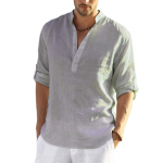 Meeste linane pikkade varrukatega vabaaja s&auml;rk, kraeta p&uuml;sikraega suvetop M