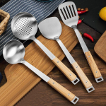 Wooden Handle Wok Spatula 304 Stainless steel spatula cooking Utensils spoon long handle Large Size turner Fried Steak G