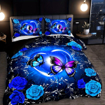 Sinine liblikas lilleline s&uuml;da tekikoti komplekt - Sisaldab 1 tekikotti ja 2 padjap&uuml;&uuml;ri Hingav puuvill Masinpestav 135X200cm blue