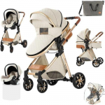 Poussette 3 en 1 B&eacute;b&eacute; Combin&eacute;e Si&egrave;ge-Auto Nacelle Trio R&eacute;versible R&eacute;glable Haute Qualit&eacute; Roues increvables Canne blanc.Bazarland30 valge