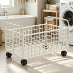 Metallist pesukorv kraanikausi alla rulluva korviga roostekindel hoiukast pesuruumi jaoks, Xl-with-wheels valge