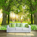 Fresh Forest 3D seinamaaling, hirvede ja lindude tapeet elutuppa, magamistuppa kontorisse, lastetuppa 280 cm(W) x 180 cm(H)