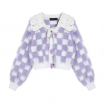 Kawaii armas k&auml;rbitud kampsun kardigan naiste korea stiilis lilla ruuduline kunstlik naaritsa ka&scaron;miir V-kaelusega pitsist lapiline kampsun S lilla