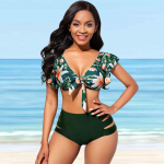 Naiste p&auml;itsetega lilleline liblikas varrukas, mustriga bikiinid, tankiinid ujumistrikoo S roheline