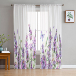 Akvarell Lavendellilled L&auml;bipaistvad kardinad elutoa akna jaoks L&auml;bipaistev Voile T&uuml;llkardin Magamistoa kardinad Kodukaunistus 135W x 114H(cm)