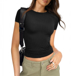 Naiste Summer Basic Slim Fit Tops L&uuml;hikeste varrukatega kaelusega kitsad T-s&auml;rgid L must
