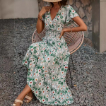 Suvine naiste kleit V kaelusega l&uuml;hikeste varrukatega pikk kleit Moodne temperament v&ouml;&ouml;kohaga suured kiiksud kleidid S