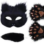 Poole n&auml;oga Therian Cat mask, v&otilde;ltshundi rebase sabad ja kunstk&auml;ppade kindad, karvased Therian varustus, maskeraadipeo kost&uuml;&uuml;m must