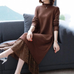 Kleit Naiste s&uuml;gis- ja talvepitsist Mugav veniv keskmise pikkusega kampsun Kleit Kootud pikkade varrukatega kleidid XXL pruun