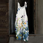 Naiste prinditud vabaaja kombinesoon, lahtised retro stiilis &otilde;larihmad, puuvillane ja linane L