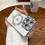 Kvaliteetne Glitter Rhinestones telefoni&uuml;mbris iPhone 15 11 12 13 14 Pro Max Plus Magsafe magnetilise l&auml;bipaistva objektiivi kaitsekattega t&uuml;drukutele For iPhone 14 Pro