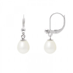 PERLINEA - Boucles d'Oreilles Crochet - V&eacute;ritables Perles de Culture d'Eau Douce Poires 7-8 mm Blanc Naturel - Bijoux Femme