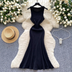 Prantsuse Elegantne O-kaelusega Vintage Varrukateta Triibuline &Scaron;ikk Kudum Slim Pikk Trompetkleit Puhkus K&otilde;rgt&auml;nava R&otilde;ivad One Size must