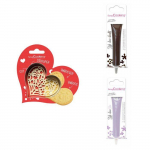 Kit pour biscuit en relief Coeur + 2 Stylos au chocolat marron et lilas