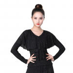 Elegantne V-kaelusega volangide ja plisseeringutega tantsutops naistele, &uuml;hev&auml;rviline, slim fit, 3D-kurvidega, pikkade varrukatega, ladina, seltskonnatantsu, modernse tantsu riietus XXXXL must